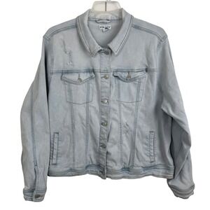 AVA & VIV Womens 3X Plus Denim Jacket Light Wash‎ Distressed Jean Button Trucker